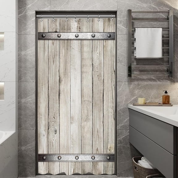 Stall Barn Door Bathroom Shower Curtain 36W by 72H Inch Wooden Wood Half Small Rustic Farmhouse Camper RV Polyester Fabric 12 Plastic Hooks Waterproof Decor