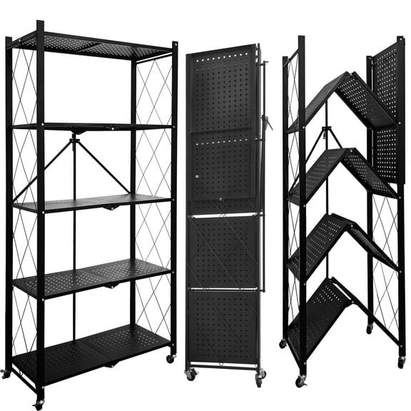 XYJBHB 5 Tier Folding Shelves Collapsible Shelf 550LBS Folding Metal Rack Shelving with Wheels Heavy Duty No Assembly for Home Garage Kitchen Office