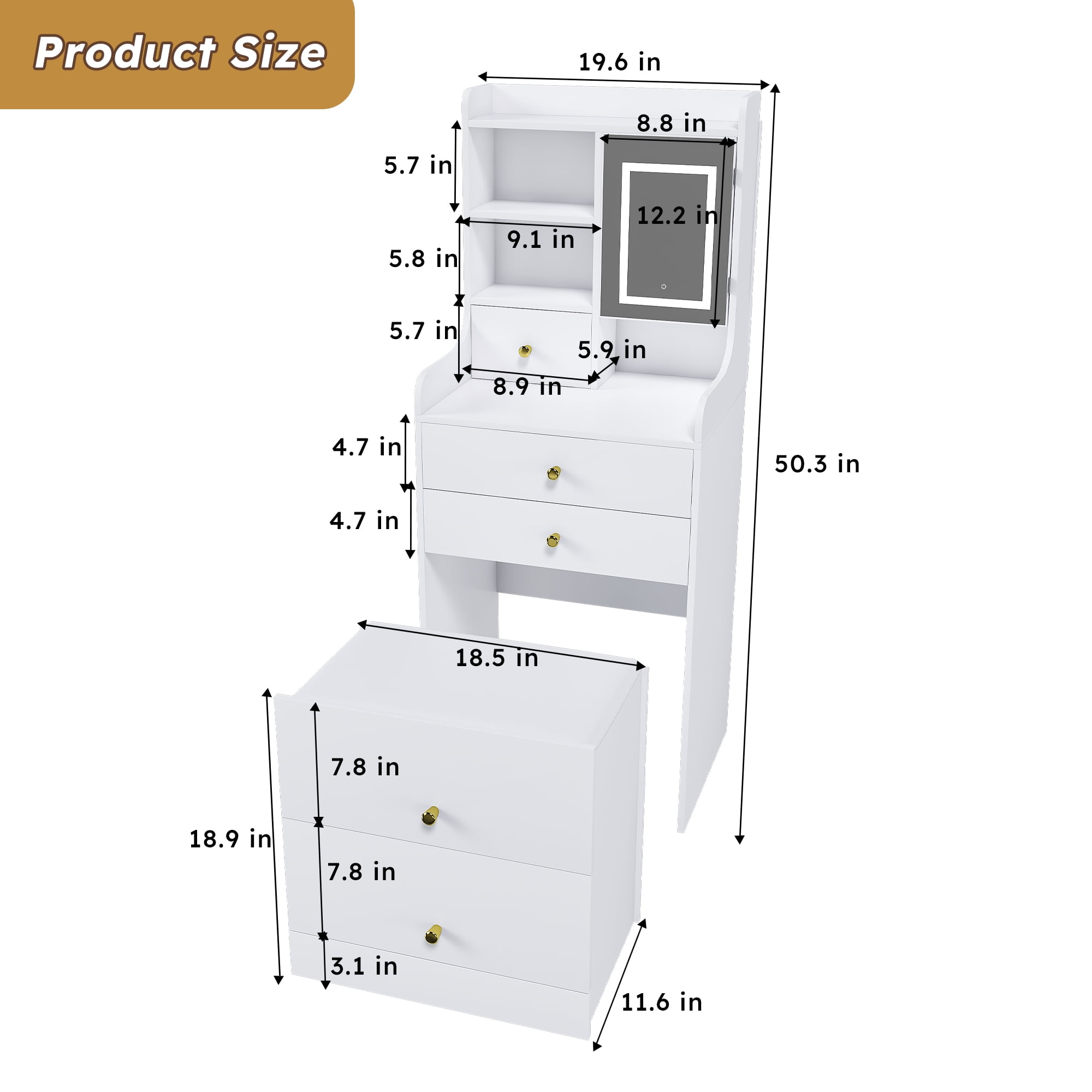 3-in-1 Dressing Table with LED Mirror & Storage Stool, White MDF Makeup Vanity with 4 Drawers and Bookshelf, 19.69 in L x 15.75 in W x 50.39 in H
