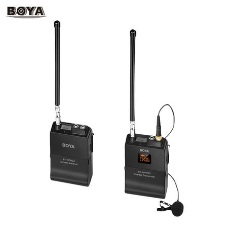 BOYA BY-WFM12 VHF Wireless Microphone System Transmitter Receiver with Omni-directional Lavalier Microphone 12 Switchable Frequencies 3.5mm Mini Jack for Smartphone DSLR Camera Camcorder Audio