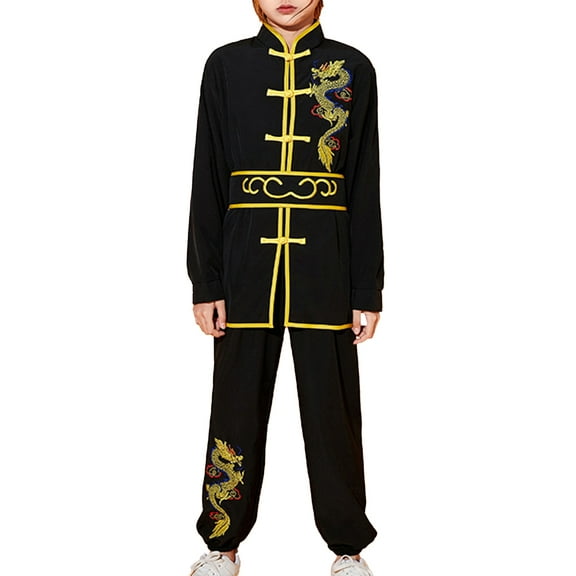 TiaoBug Kids Boys Girls Kung Fu Suit Unisex Children Dragon Embroidery Tai Chi Outfit Chinese Martial Black 110