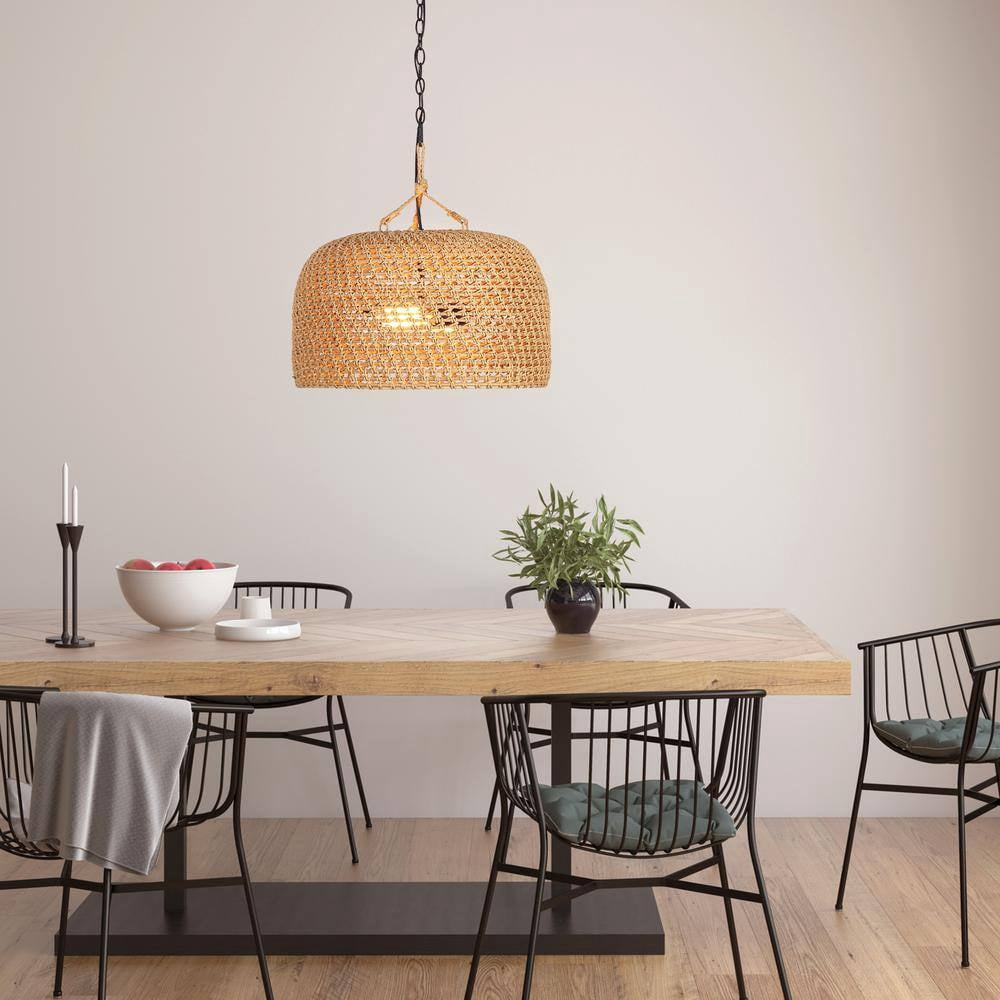 Hampton Bay Summerpoint 120-Watt 2-Light Black Shaded Pendant Light with Natural Woven Shade, No Bulbs Included
