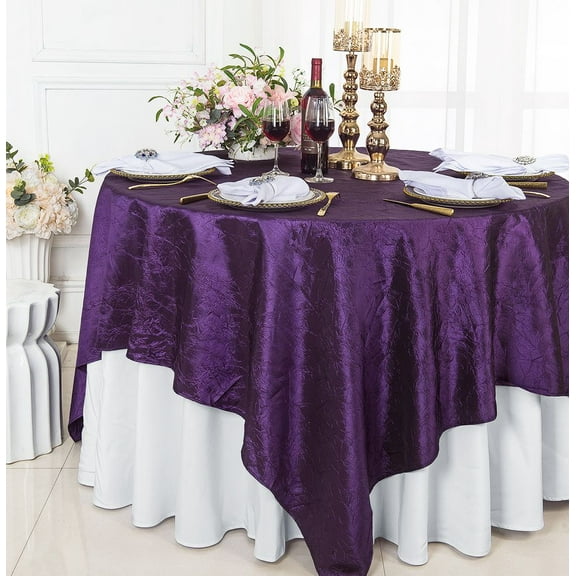 Wedding Linens Inc. 85" Square Crushed Crinkle Taffeta Table Overlay Toppers - EggPlant