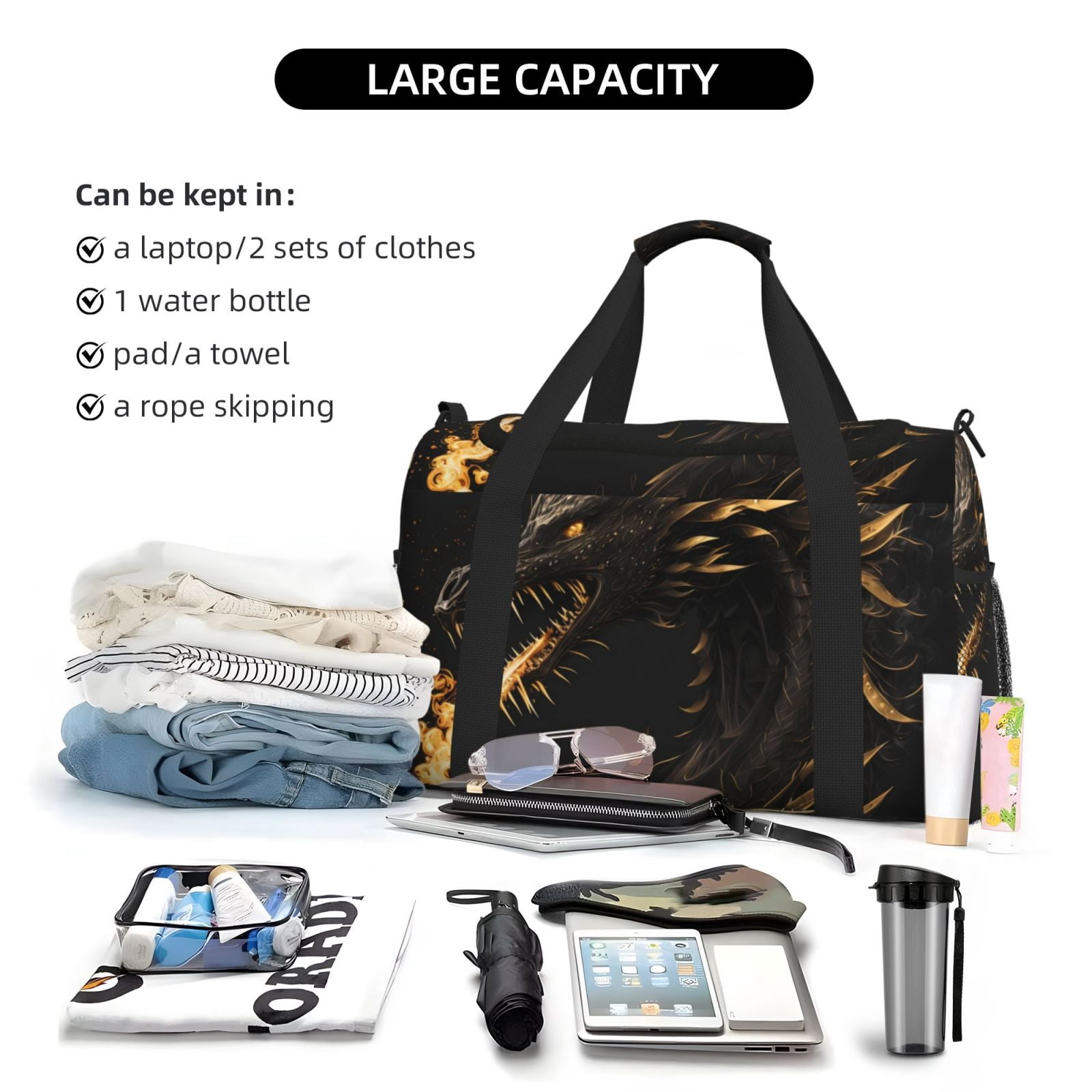 Fuzoiu Black And Gold Fire Dragon Print Travel Duffle Bag,Carry On Tote Bags,Duffel Bag,Sport Gym Bag, Hospital Bag for Labor and Delivery, Overnight Bag,Luggage Bag