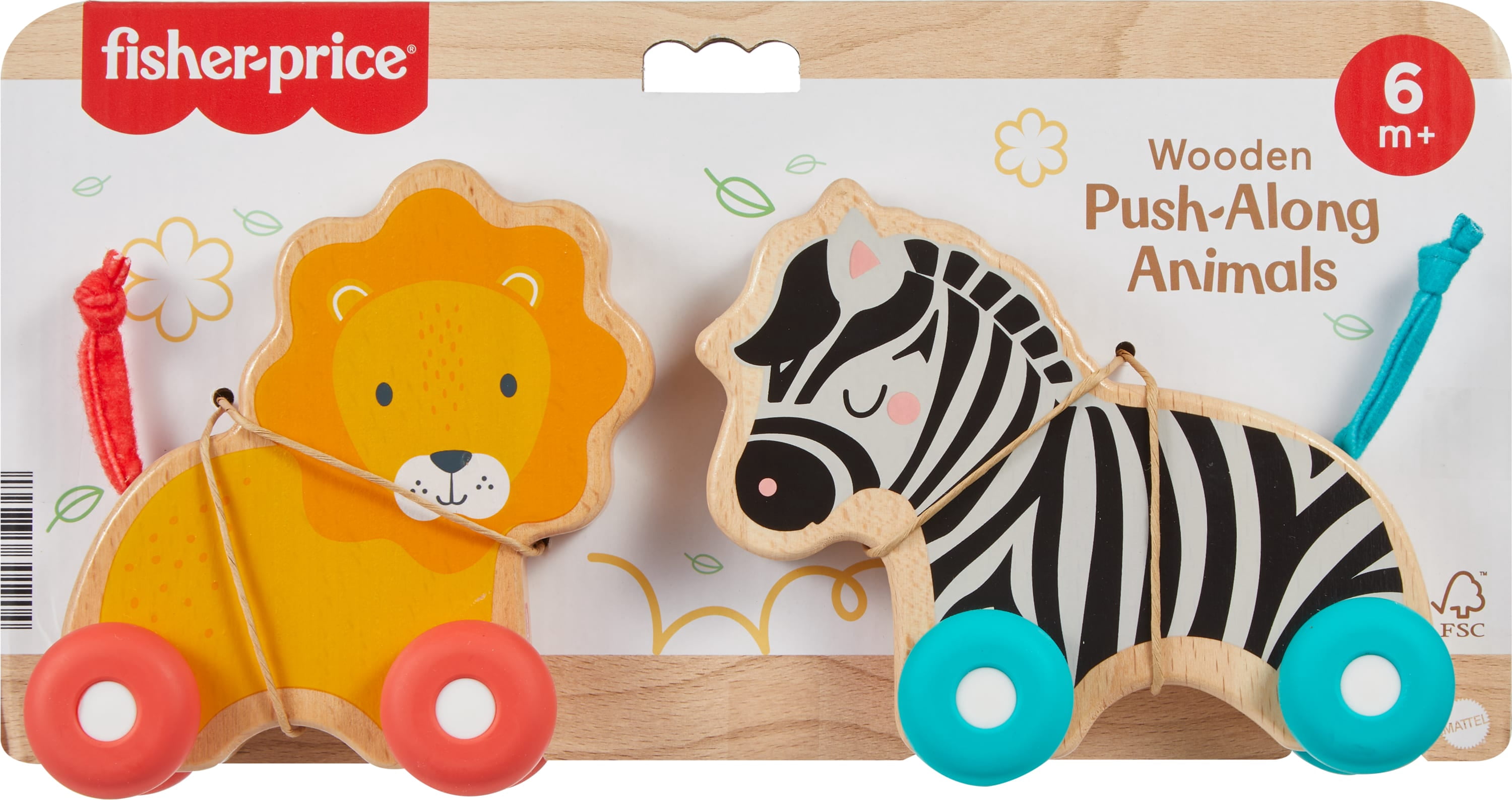 Fisher-Price Wooden Push Along Animals, Lion & Zebra Toy Vehicles for Infant Crawling Play