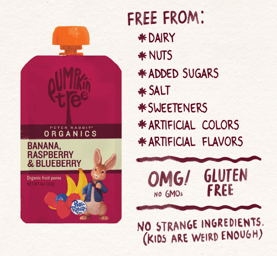 (12 pack) Peter Rabbit Banana, Raspberry & Blueberry Organic Fruit Puree, 4 oz Toddler Snack