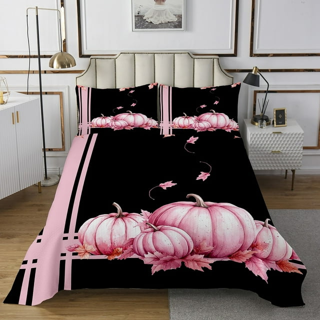 YST Ensemble de Courtepointe Citrouille d'Automne Format Simple pour Enfants et Adultes, Ensemble de Couvre-Lit Récolte d'Automne, Joyeuse Action de Grâce, Ensemble de Couvre-Lit Feuilles d'Érable, Ensemble de Literie avec 1 Taie d'Oreiller, Rose Noir
