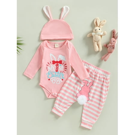 

My First Easter Baby Girl Boy Outfit Long Sleeve Bunny Romper Onesie Stripe Long Pants Hat Easter Outfit 0-18M (Blue 0-3 Months)
