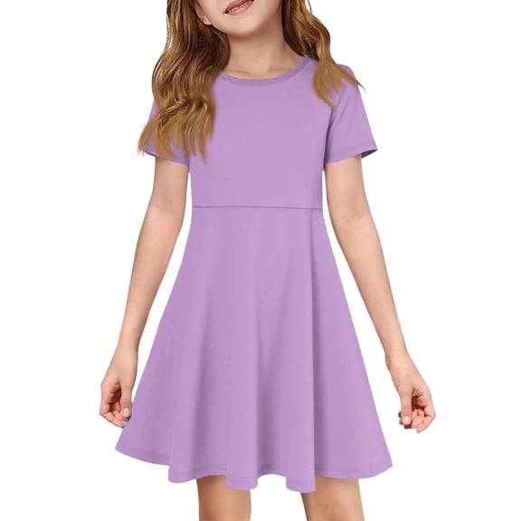 CCRFTGI Short Sleeve Dresses for Children Girls Size 7 Casual 2026 Summer A Line Skater Dress Funny Solid Dresses Holiday Girls Fashion Purple 9-10 Years