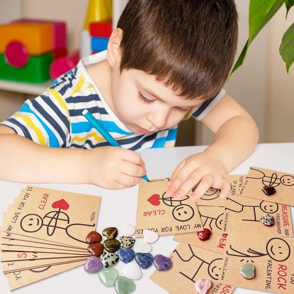 Valentines Day Gifts for Kids - 24 Pack Heart Shape Natural Crystal Stones Cards Set - Pocket Hug Token - Valentine Crystals Rock Gift Exchange for Classroom School Party Favor 2026
