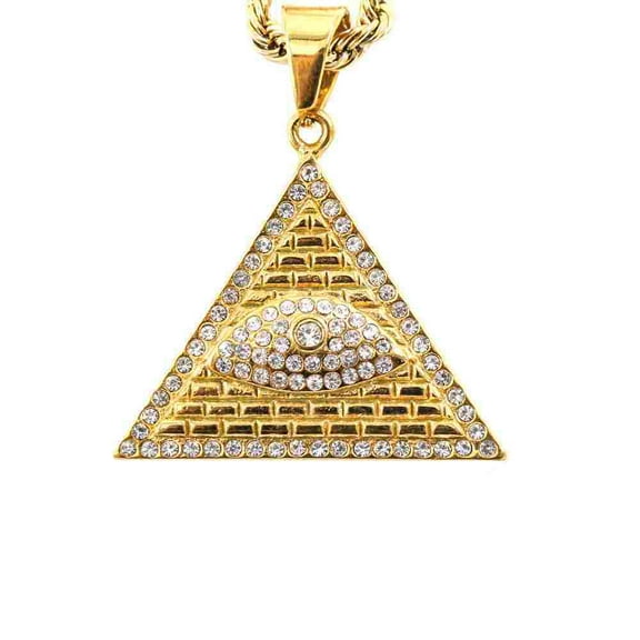 Hip Hop Bling Iced Out Solid 14K Yellow Gold Illuminati Masonic Pyramid Eye of God Pendants Necklace for Men Rapper Jewelry