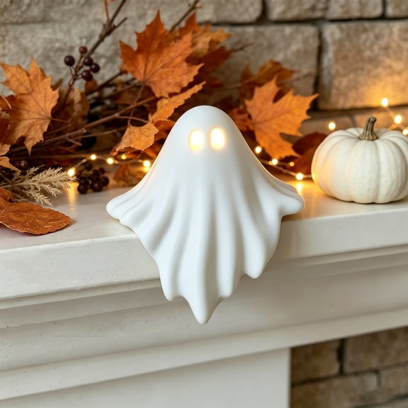 Halloween White Ghost LED Lamp Hugger Figurine with Warm Light, Shelf Sitter Ghost Decor for Mantel, Tabletop, and Fall Halloween Home Decor
