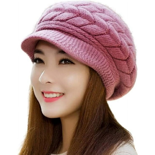 Gorro de punto cálido de invierno para mujer, gorro holgado de lana con visera para esquiar en la nieve