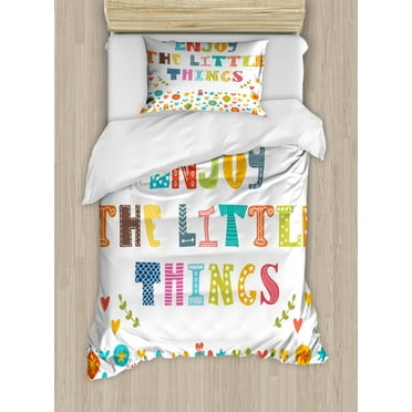 Enjoy the Little Things Twin Size Duvet Cover Set, Ornamental Stars Dots and Hearts Pattern with Colorful Letters, Decorative 2 Piece Bedding Set with 1 Pillow Sham, Multicolor, by Ambesonne
