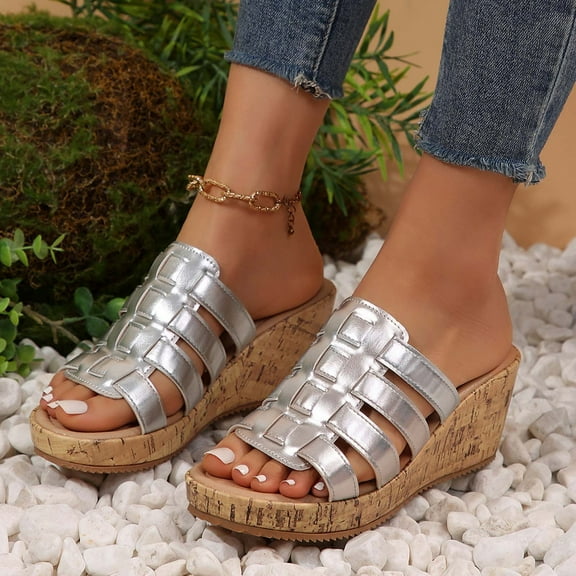 CQONEPT Wedge Sandals for Womens Platform Sandals Elastic Ankle Strap Open Toe Sandals Espadrilles Flatform Wedge Casual Sandal Summer Comfortable Shoe Size 5.5 Silver