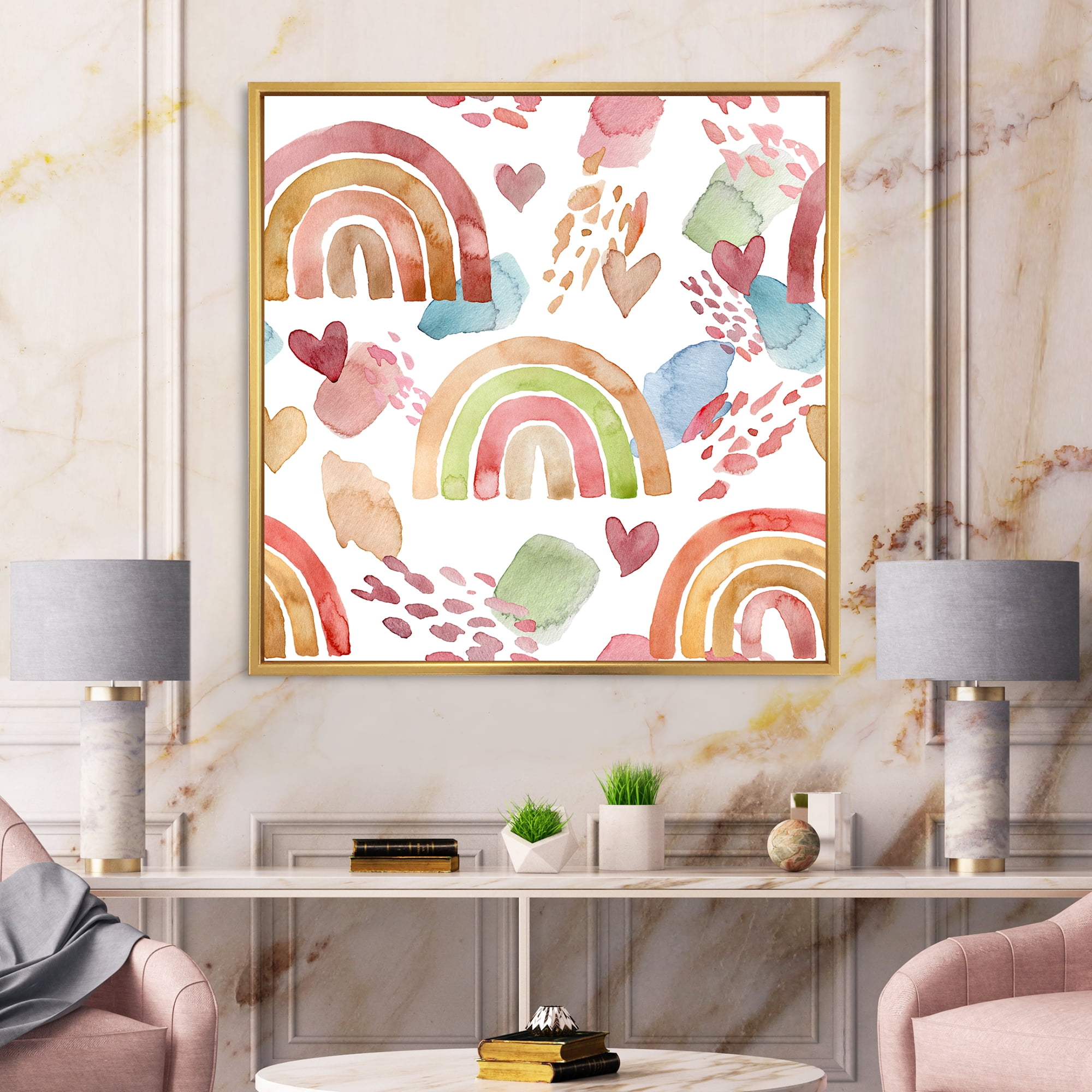 Designart 'Multicolored Rainbows Hearts and Clouds' Children's Art Framed Canvas Wall Art Print
