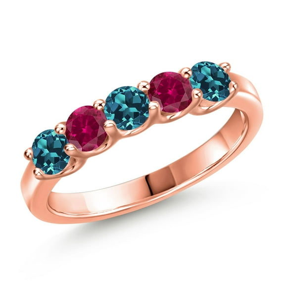 Gem Stone King 18K Rose Gold Plated Silver London Blue Topaz and Red Created Ruby Wedding-Bands Ring for Women | 1.16 Cttw | Round 3.5MM | Gemstone November Birthstone | Size 5