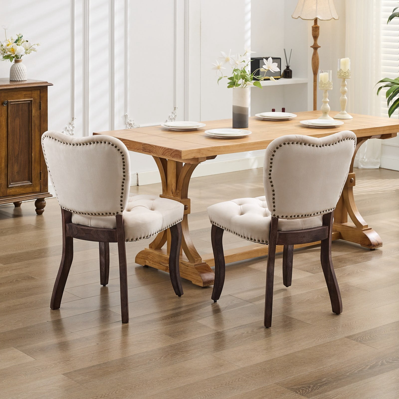 DEALTOPS French Vintage Tufted Upholstered Fabric Dining Chair,Set of 2,Beige