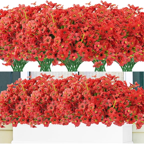 10 Bundles Outdoor Artificial Flowers UV Resistant Fake Silk Flowers Faux Plastic Plants Outside Garden Porch Window Box Summer Decoration (Red)
