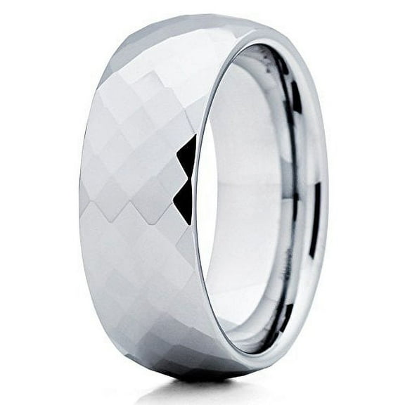 Polished Silver Tungsten Wedding Band Faceted Diamong Tungsten Ring 8mm Tungsten Carbide Band Comfort Fit Mens Womens