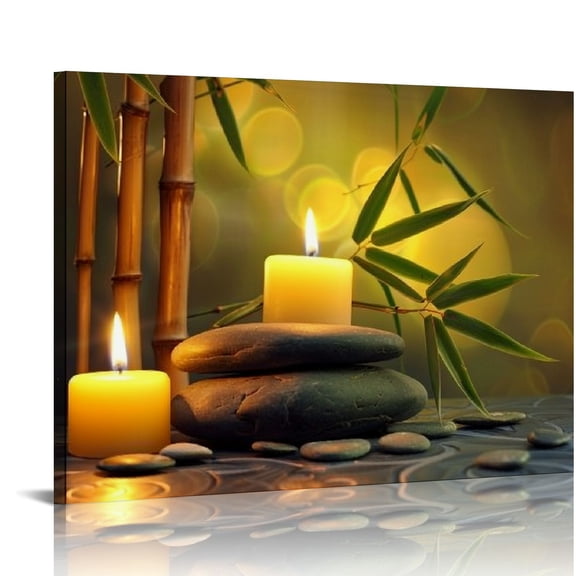 Patifu Zen Canvas Wall Art Spa Stones and Burning Candles Picture Print Bamboo Painting Spa Yoga Meditation Spiritual Room Decor 20x16in