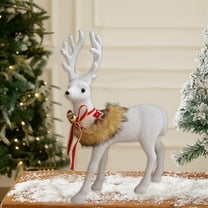 EWASWON Christmas Turning Head Reindeer Figurine, White Holiday Decor with Bells, Tabletop/Bookshelf Xmas Ornament