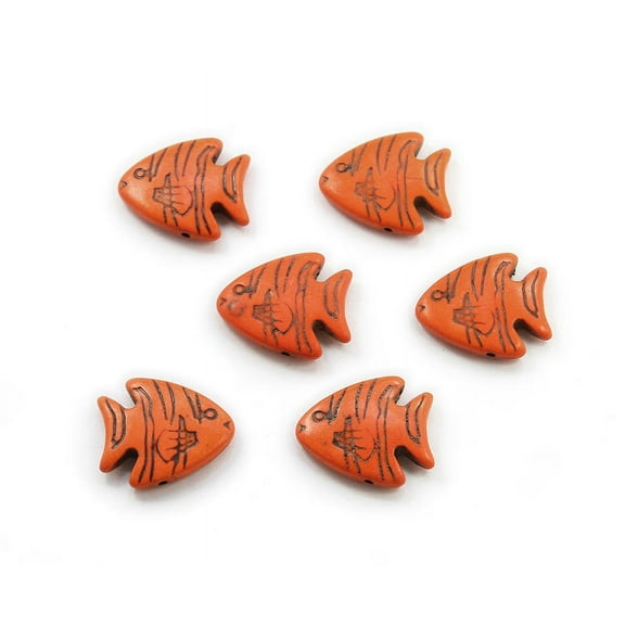 23x26 Pack Of 6 Orange Howlite Carved Fish Beads Genuine Gemstone Natural Jewelry Making