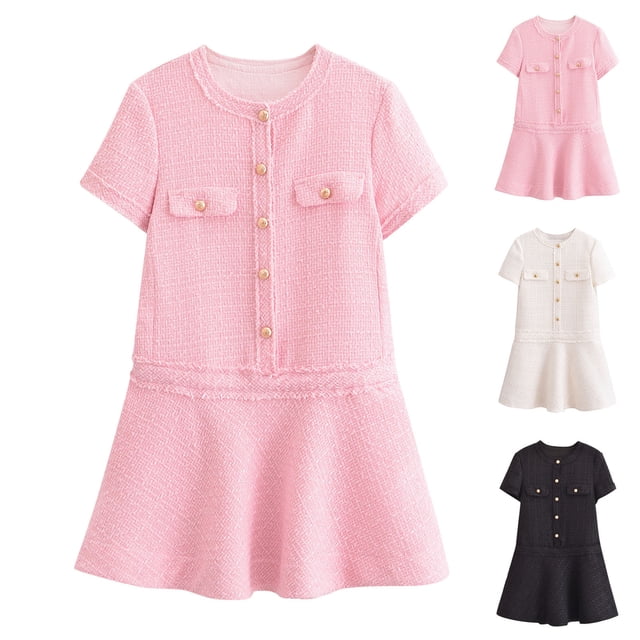 Meichang Robe en Tweed pour Femme à Manches Courtes, Col Ras du Cou, Boutonnée, Élégante et Décontractée, Mini-Robe Texturée pour Fête, Coupe Ample, Robes Courtes