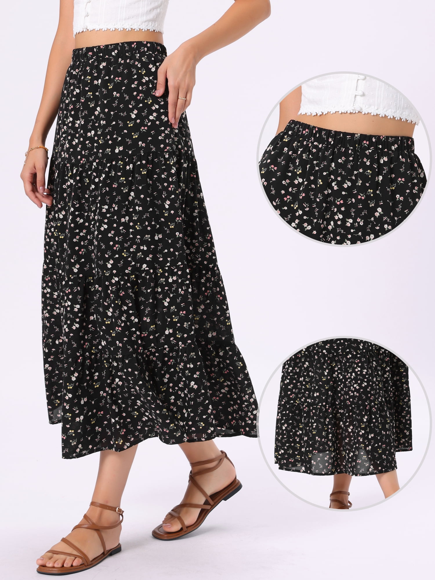 DARING DIVA Women's Floral Maxi Skirt Elastic High Waist A Line Skirts X-Large Black