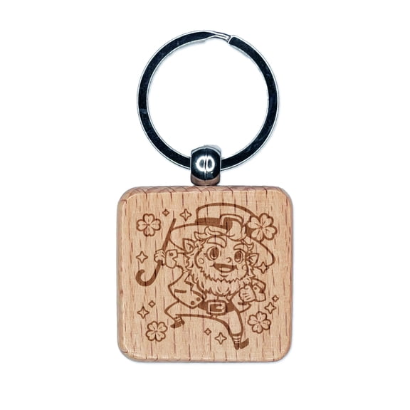 Cute and Jolly Saint Patrick's Day Leprechaun Square Keychain Charm Tag - Engraved Wood
