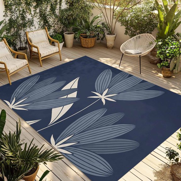 Indoor Outdoor Area Rugs,Minimalist Lily Flowers Patio Rug Non-slip Quick Dry Camping Rugs,Blue Background Floor Carpet for Porch Deck Backyard Decor,4x6ft