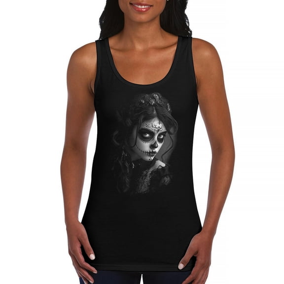 Sugar Skull Lace Women's Tank Top Black White Day of the Dead Gothic Beauty Monochrome Dia de Los Muertos Elegant