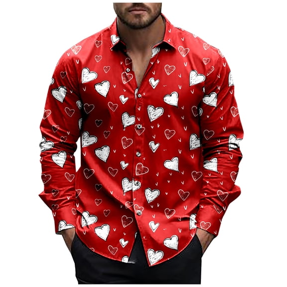 SERTG Mens Valentine's Day Fashion Print Shirt Lapel Long Sleeve Button Down Collar Casual Breathable Soft Tops(Red,2XL)