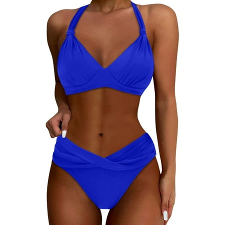 JIANJIA Swim Suits for Women Summer Solid Color Lace Up Halter Push Up Bra And Panty Set Vintage Two Piece Tankinis Swimwears Bathing Suits Blue L
