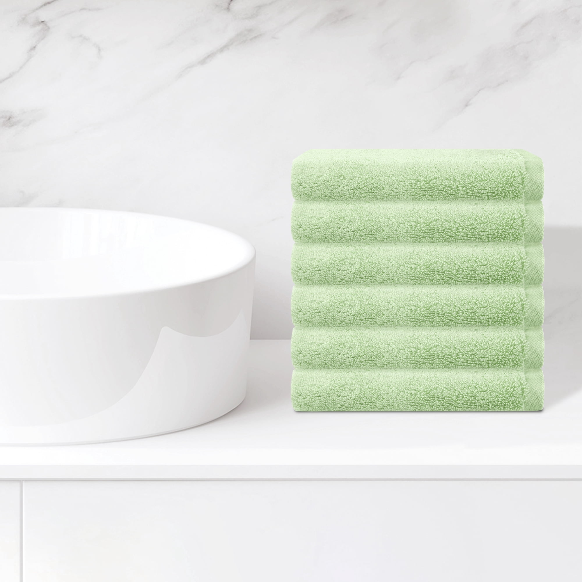 REGALWOVEN 6 Pack Cotton Washcloths, Solid Face Cloths, Absorbent and Quick Drying Towel for Bathroom Green 13" x 13"