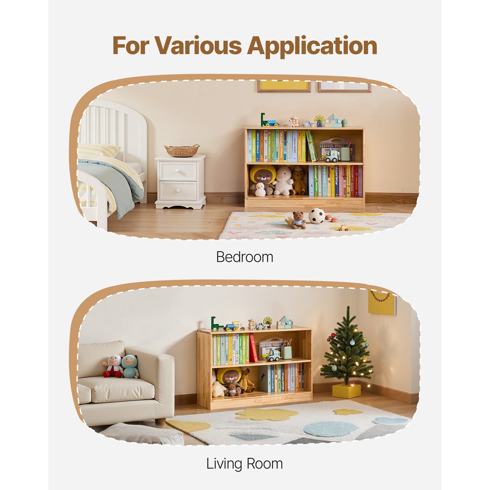 KFFKFF Montessori Bookshelf, 35.4-inch Wide Toy Organizer, 2-Tier Children's Display Cabinet, Daycare Furniture, Kids Storage Shelf for Bedroom, Nursery, Living Room, Entryway, Preschool, Brown