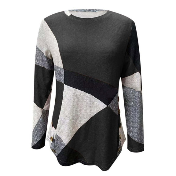 WREESH Womens Flannel T-shirts Trendy Geometry Color Block Blouses Casual Long Sleeve Crew Neck Pullover Loose Tunic Tops Gray