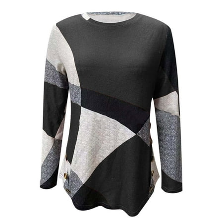 

Awdenio Women Fashion Casual Round Neck Buttons Geometric Contrast Colorblock Long Sleeve T-Shirt Top Size S-2XL