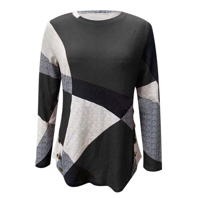 IROINID T-Shirts à Manches Longues pour Femmes, Col Rond, Boutons, Couleur Géométrique Contrastée, Gris