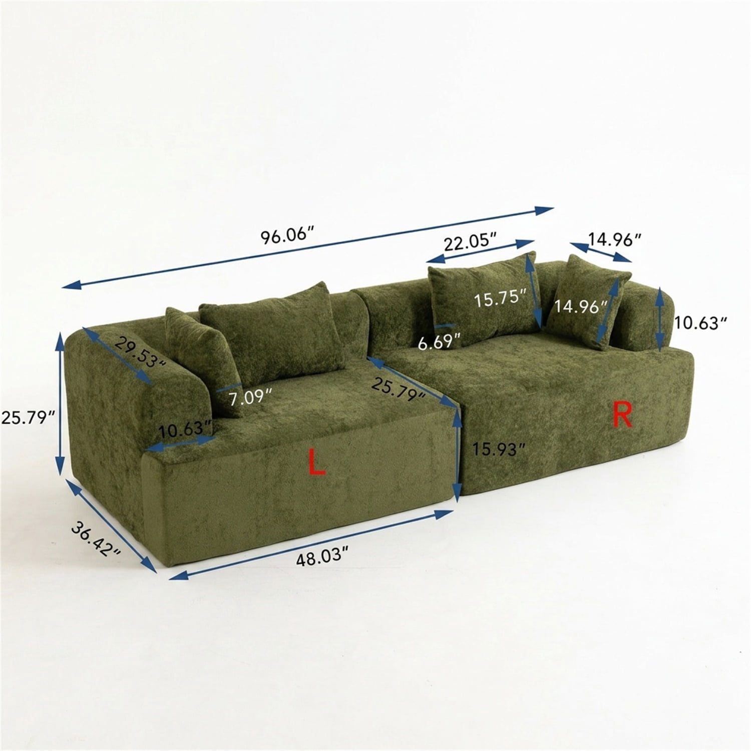 Hommoo 96" Full-Foam Modular Sofa, Deep Seat Flannelette Compressed Couch, 2-Seater Upholstered Sofa for Living Room Apartment, Green