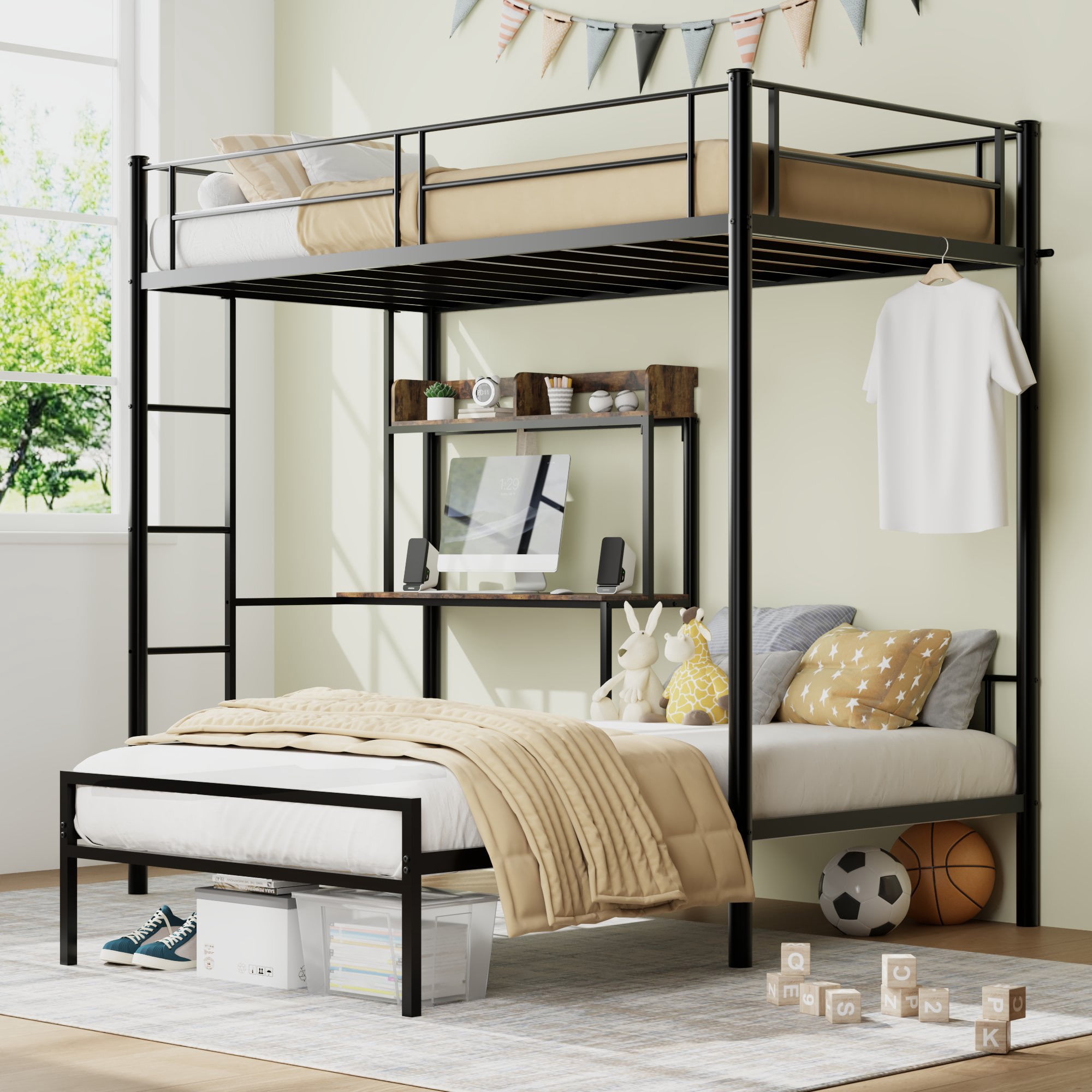 Gewnee Twin Over Twin Szie Metal Bunk Bed with Built-in Desk, Charging Station,Storage Shelves & Bookcase,Space-Saving for Teen,Dorm,Guest Room,No Box Spring Needed.Black