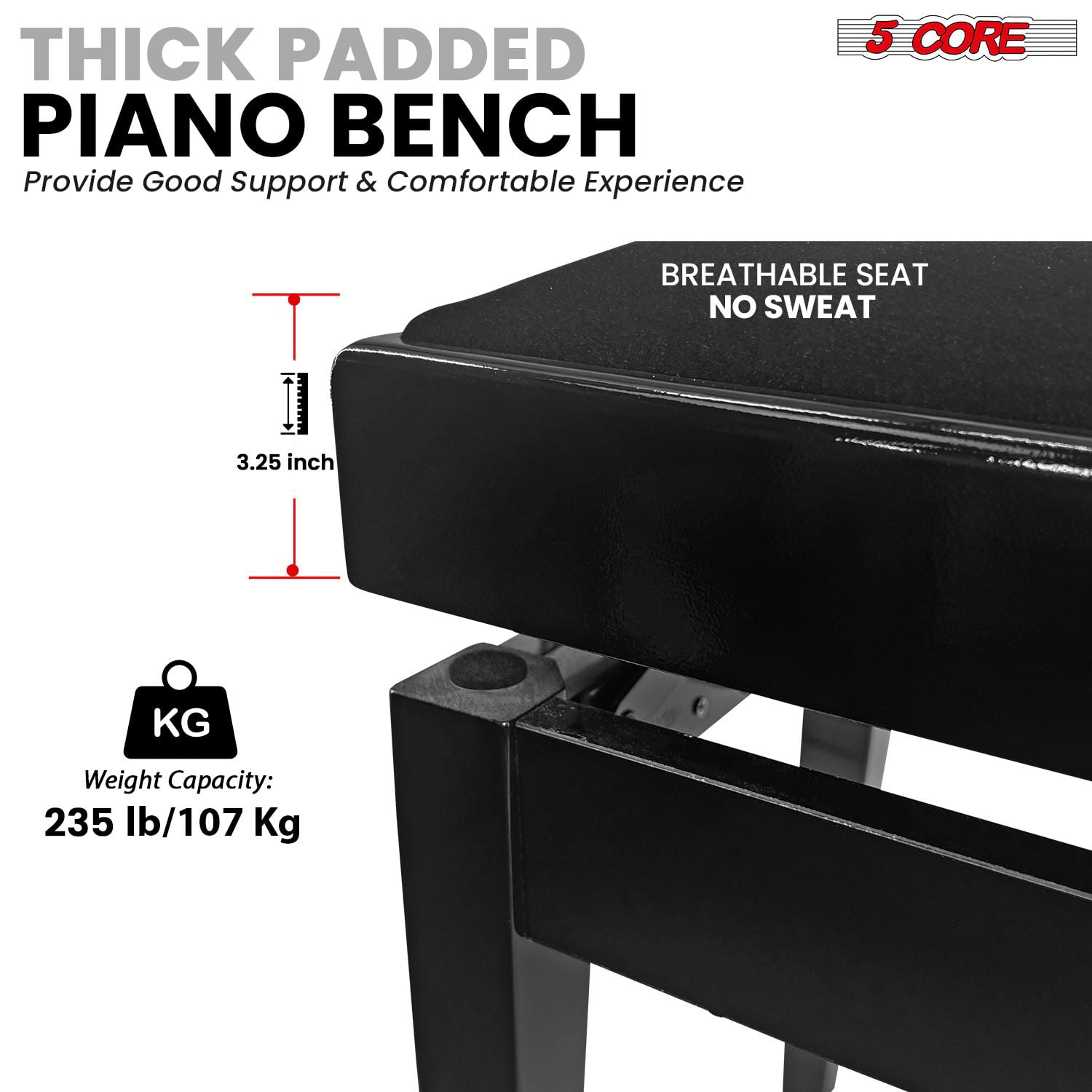 5 CORE Adjustable Piano Bench Thick 3.25" Padded Solid Wood Keyboard Bench Heavy Duty Stool Super Stable Musician Chair