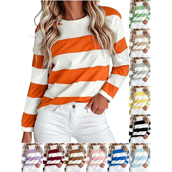 DYTTDG Women’s Crew Neck Long Sleeve Striped Top, Loose‑Fit Soft Knit Pullover Blouse, Versatile Daily Shirt for Spring‑Fall Casual Outfits S‑5XL