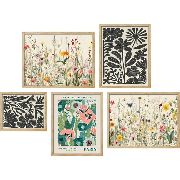 PixonSign Framed Canvas Print Wall Art Set - Flower Market Bouquet Wildflower Poster - Collage Gallery Set of 5 Nature Floral Botanical Illustrations Colorful Wall Décor for Home - Natural