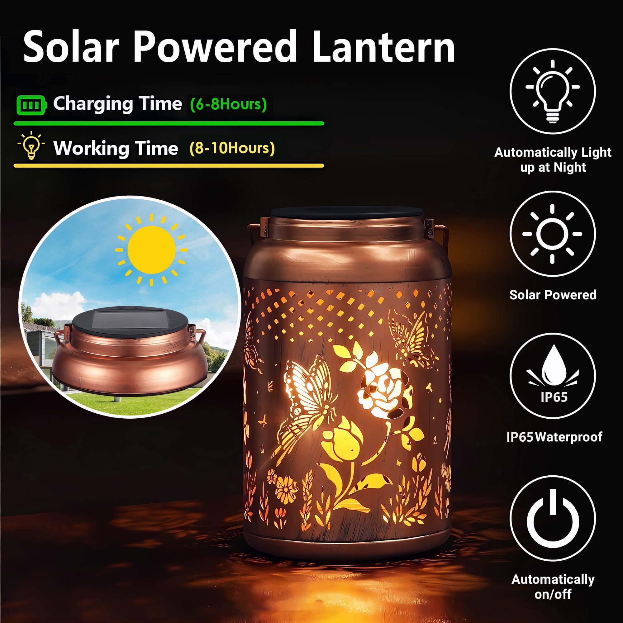 DAYBETTER Hanging Solar Lanterns Outdoor Waterproof,2 pack Butterfly and Rose LED Solar Lights for Garden Backyard Decor Patio Tabletop Porch Outside Decoration Lawn Ornament