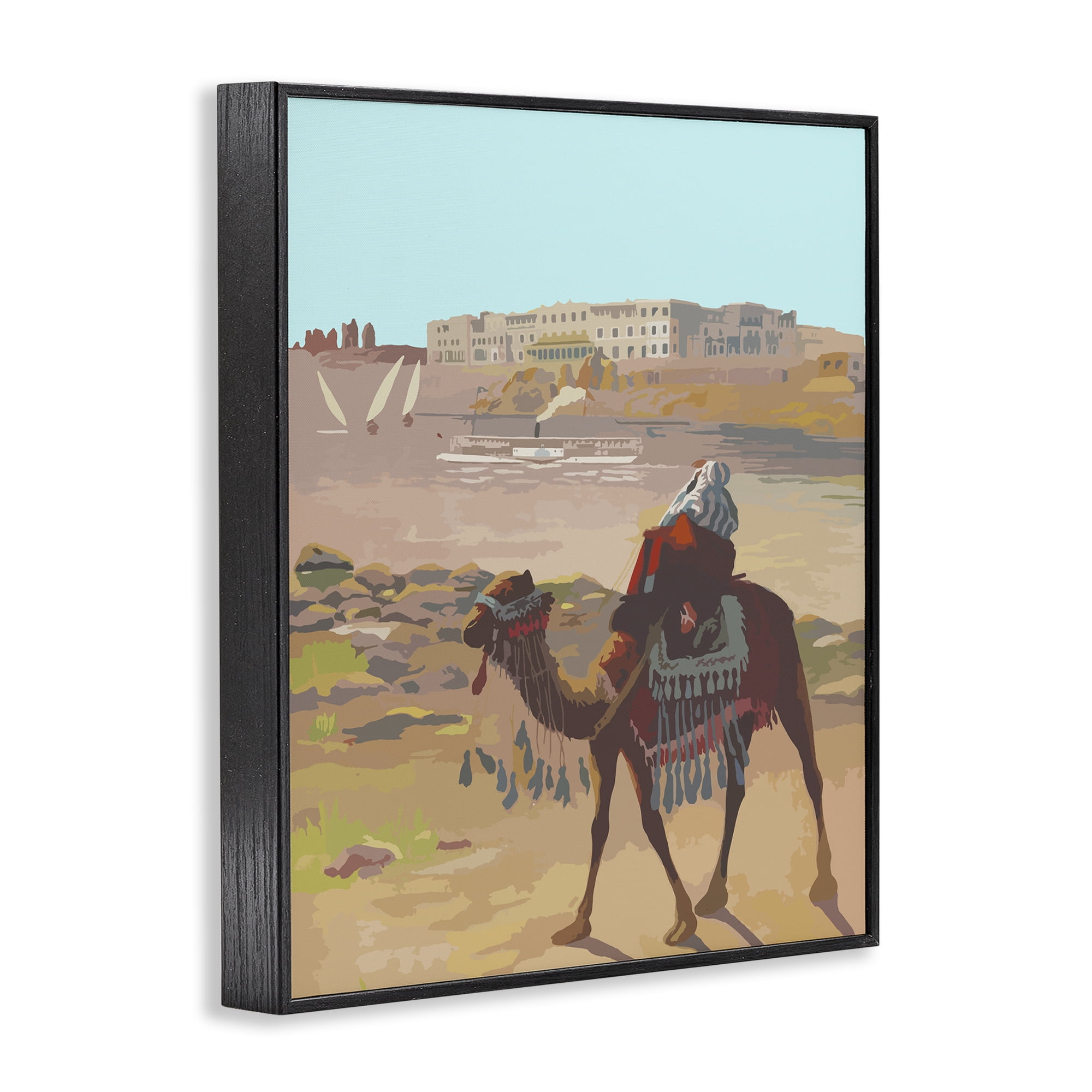 Stupell Industries Camel in Desert Town Landscape Painting Black Framed Art Print Wall Art, 16 x 20