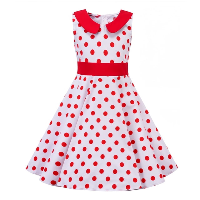 FYDUU Robes Filles Sans Manches Années 50 Vintage à Pois Robe de Soirée Rétro Col Peter Pan Décontractée Robe d'Été Quotidienne Printemps Carnaval