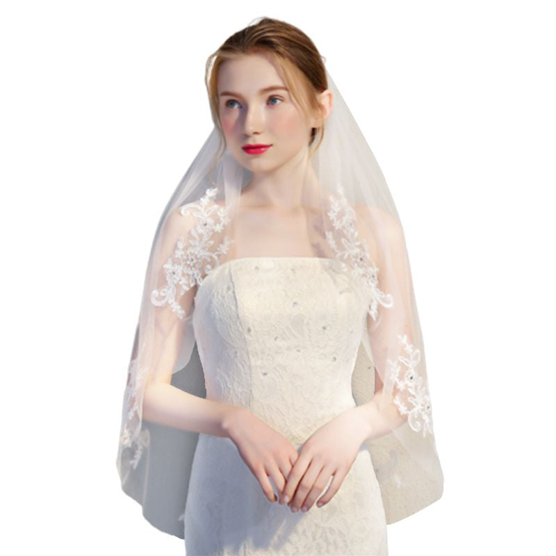 1 Tier Short Wedding Bridal Veil with Comb Lace Applique Edge Fingertip Length 