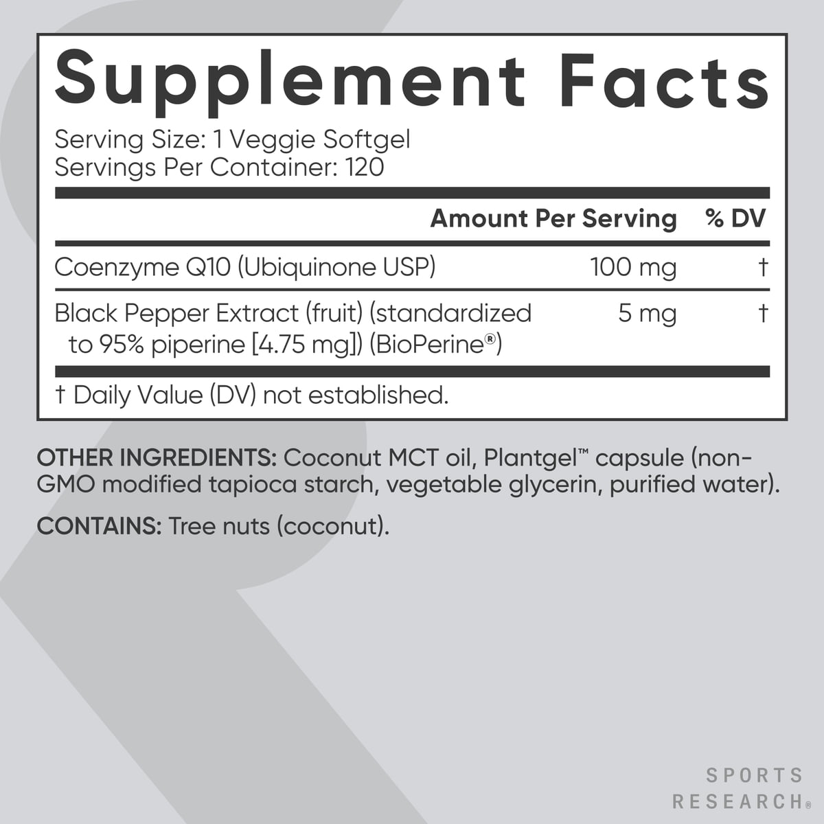 Sports Research CoQ10 (100mg) Enhanced w/ Coconut Oil & Bioperine (Black Pepper)