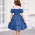 thumbnail image 5 of CCRFTGI Summer Dresses for Child Girls Size 7 Casual Cute Dress Off Shoulder Pleated Square Neck Ruffle Smocked Floral Princess Birthday A-Line Dress Blue 7-8 Years, 5 of 8